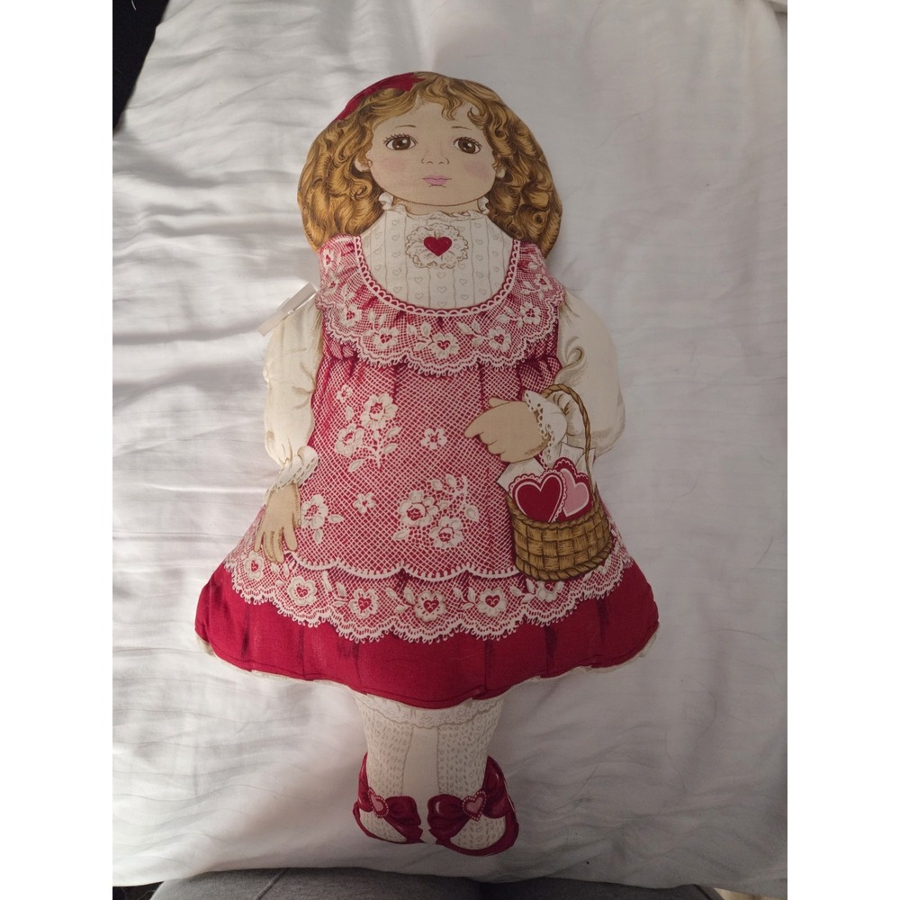 Vtg 18" Victorian Girl & basket of Hearts Printed Fabric Homemade Plush Pillow